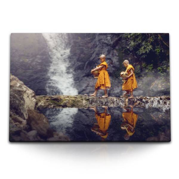 Paul Sinus Art 120x80cm Wandbild auf Leinwand Thailand zwei kleine Mönche Dschungel Wasserfall Natur