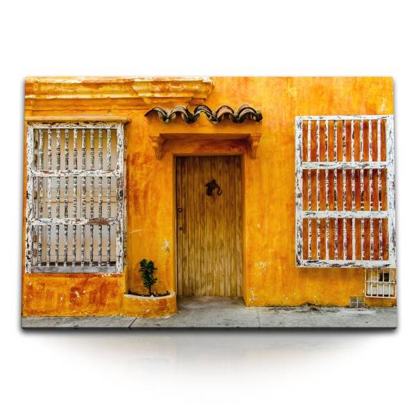 Paul Sinus Art 120x80cm Wandbild auf Leinwand Altes Stadthaus Kuba Orange Vintage Holztür