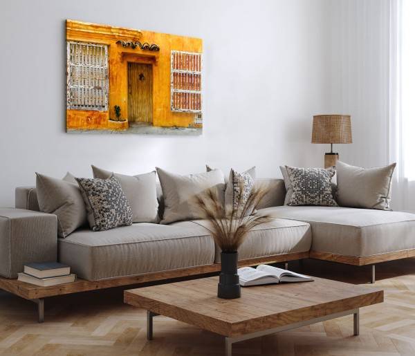 Paul Sinus Art 120x80cm Wandbild auf Leinwand Altes Stadthaus Kuba Orange Vintage Holztür Letzte 2 Tage