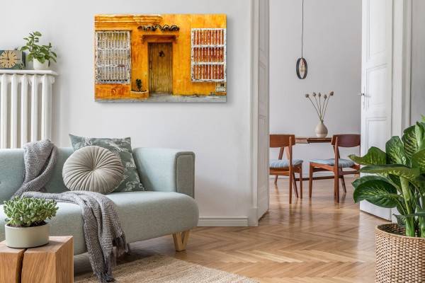 Paul Sinus Art 120x80cm Wandbild auf Leinwand Altes Stadthaus Kuba Orange Vintage Holztür Letzte 2 Tage