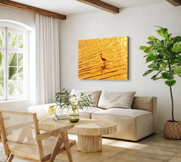 Paul Sinus Art 120x80cm Wandbild auf Leinwand Kranich im Wasser Sonnenuntergang Abendrot Tierfotografie Bis zu 65% Rabatt