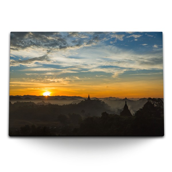 Paul Sinus Art 120x80cm Wandbild auf Leinwand Sonnenuntergang roter Horizont Asien Tempelanlage