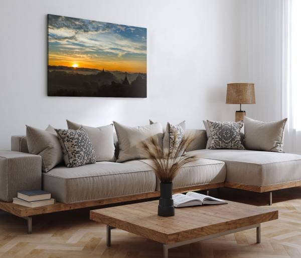 Paul Sinus Art 120x80cm Wandbild auf Leinwand Sonnenuntergang roter Horizont Asien Tempelanlage Sonderangebot der Fabrik