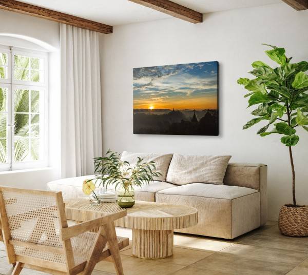 Paul Sinus Art 120x80cm Wandbild auf Leinwand Sonnenuntergang roter Horizont Asien Tempelanlage Sonderangebot der Fabrik