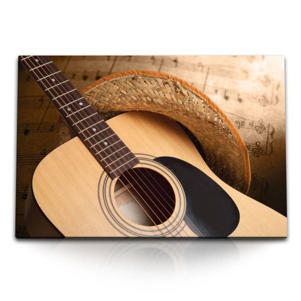 Paul Sinus Art 120x80cm Wandbild auf Leinwand Gitarre Sommerhut Strohhut Musik Musiknoten