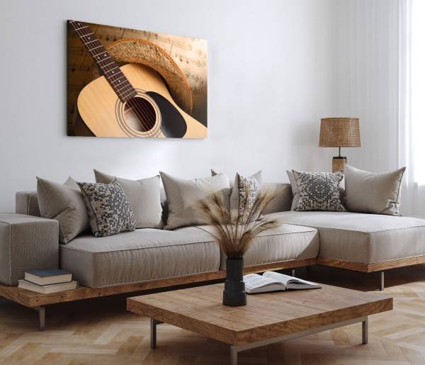 Paul Sinus Art 120x80cm Wandbild auf Leinwand Gitarre Sommerhut Strohhut Musik Musiknoten Bis zu 55% Rabatt