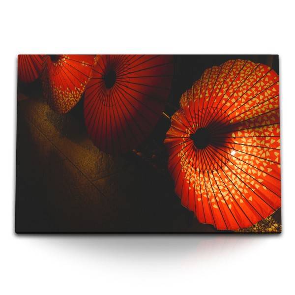 Paul Sinus Art 120x80cm Wandbild auf Leinwand Rote Papierschirme Asien Laternen Sonnenschirme