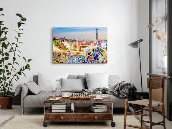 Paul Sinus Art 120x80cm Wandbild auf Leinwand Barcelona Spanien Hundertwasser Farbenfroh Bunt Outlet