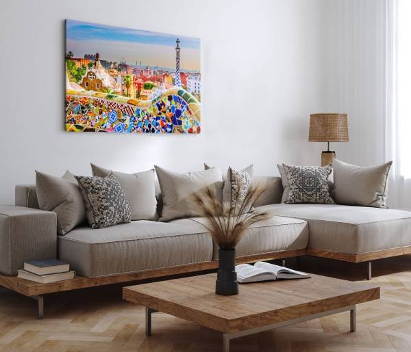 Paul Sinus Art 120x80cm Wandbild auf Leinwand Barcelona Spanien Hundertwasser Farbenfroh Bunt Outlet