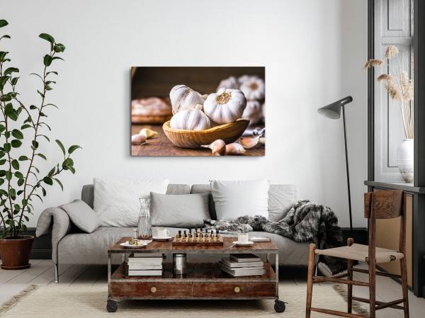 Paul Sinus Art 120x80cm Wandbild auf Leinwand Küchenbild Knoblauch Holzschüssel Kochen Küche Auslauf