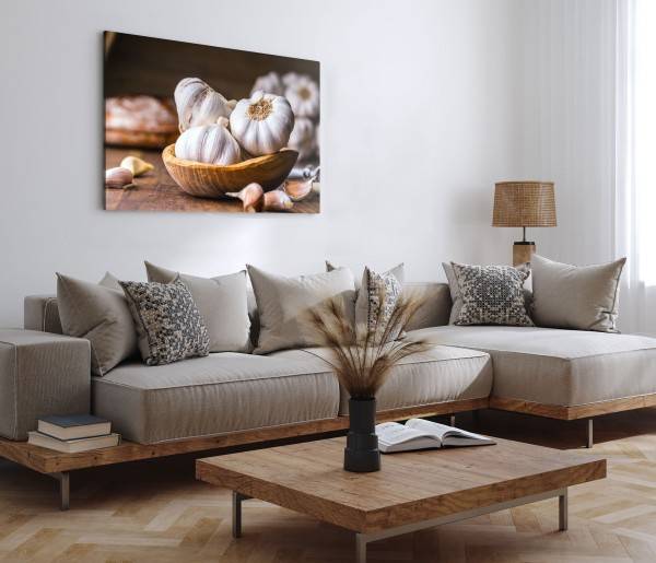 Paul Sinus Art 120x80cm Wandbild auf Leinwand Küchenbild Knoblauch Holzschüssel Kochen Küche Auslauf