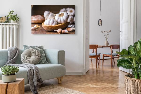 Paul Sinus Art 120x80cm Wandbild auf Leinwand Küchenbild Knoblauch Holzschüssel Kochen Küche Auslauf