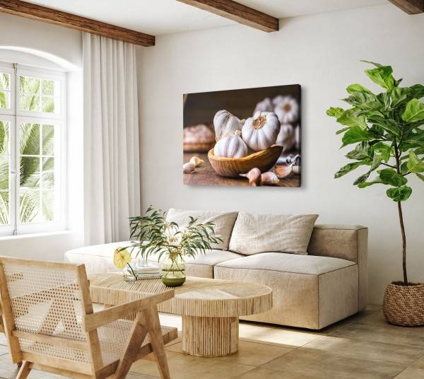 Paul Sinus Art 120x80cm Wandbild auf Leinwand Küchenbild Knoblauch Holzschüssel Kochen Küche Auslauf