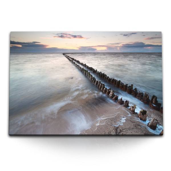 Paul Sinus Art 120x80cm Wandbild auf Leinwand Meer Strand Horizont alter Holzsteg Abenddämmerung