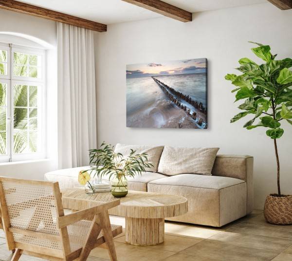 Paul Sinus Art 120x80cm Wandbild auf Leinwand Meer Strand Horizont alter Holzsteg Abenddämmerung Verkauf