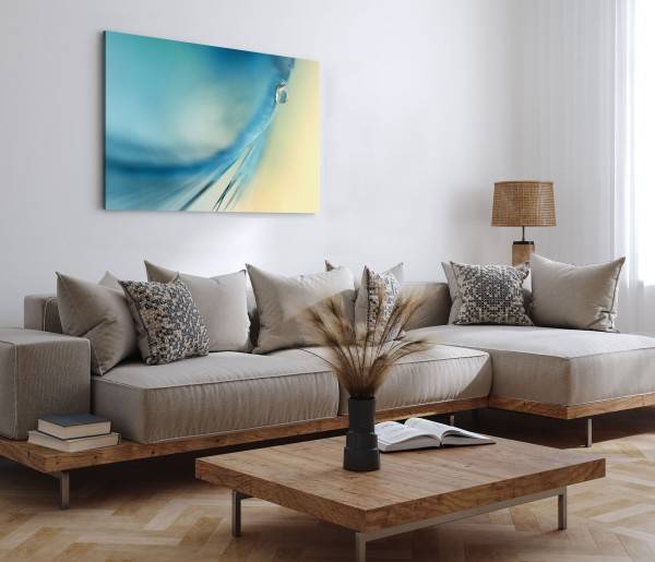 Paul Sinus Art 120x80cm Wandbild auf Leinwand Blaue Feder Makrofotografie Wassertropfen Kunstvoll Fabrikpreis