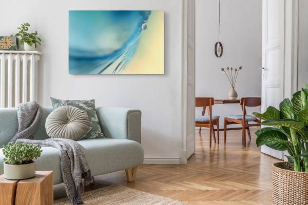 Paul Sinus Art 120x80cm Wandbild auf Leinwand Blaue Feder Makrofotografie Wassertropfen Kunstvoll Fabrikpreis