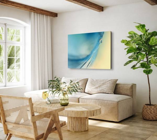 Paul Sinus Art 120x80cm Wandbild auf Leinwand Blaue Feder Makrofotografie Wassertropfen Kunstvoll Fabrikpreis