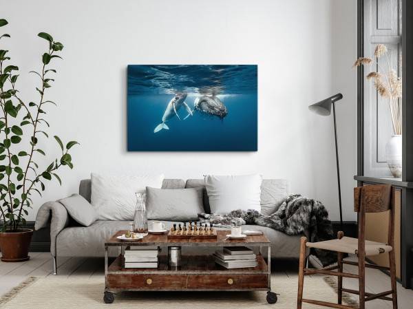 Paul Sinus Art 120x80cm Wandbild auf Leinwand Grauwal Mutter mit Kind Blau unter Wasser Ozean Cyber Monday