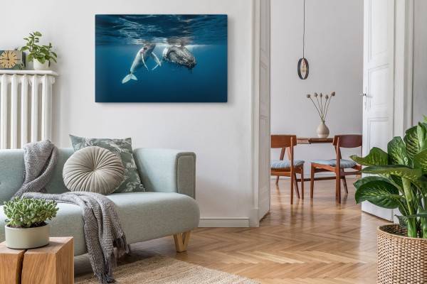 Paul Sinus Art 120x80cm Wandbild auf Leinwand Grauwal Mutter mit Kind Blau unter Wasser Ozean Cyber Monday