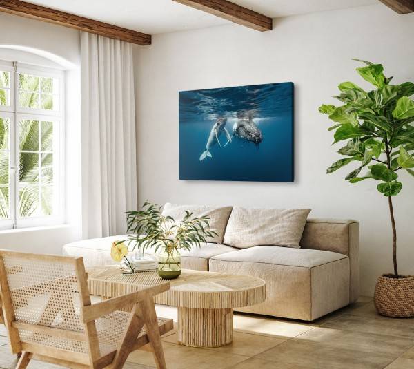 Paul Sinus Art 120x80cm Wandbild auf Leinwand Grauwal Mutter mit Kind Blau unter Wasser Ozean Cyber Monday