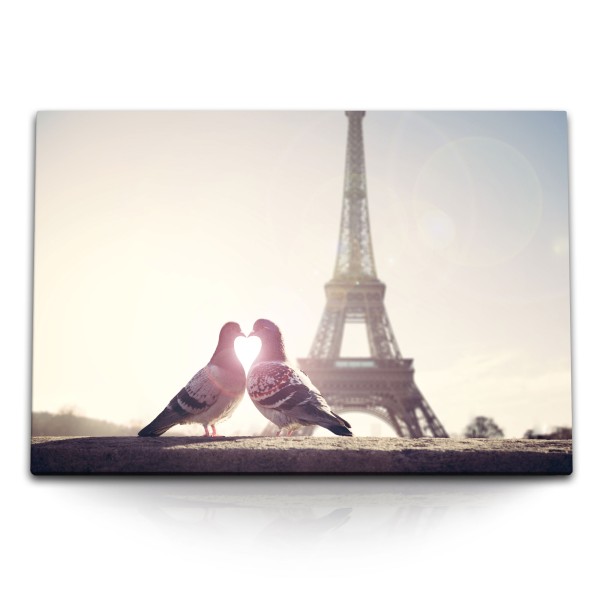 Paul Sinus Art 120x80cm Wandbild auf Leinwand Paris Eiffelturm Zwei Tauben Pärchen Herz