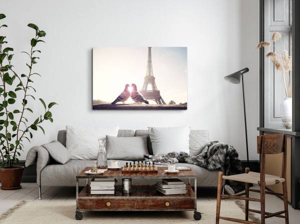 Paul Sinus Art 120x80cm Wandbild auf Leinwand Paris Eiffelturm Zwei Tauben Pärchen Herz Weihnachtsangebot