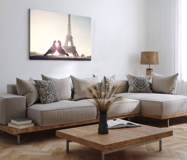 Paul Sinus Art 120x80cm Wandbild auf Leinwand Paris Eiffelturm Zwei Tauben Pärchen Herz Weihnachtsangebot