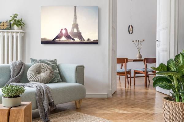 Paul Sinus Art 120x80cm Wandbild auf Leinwand Paris Eiffelturm Zwei Tauben Pärchen Herz Weihnachtsangebot