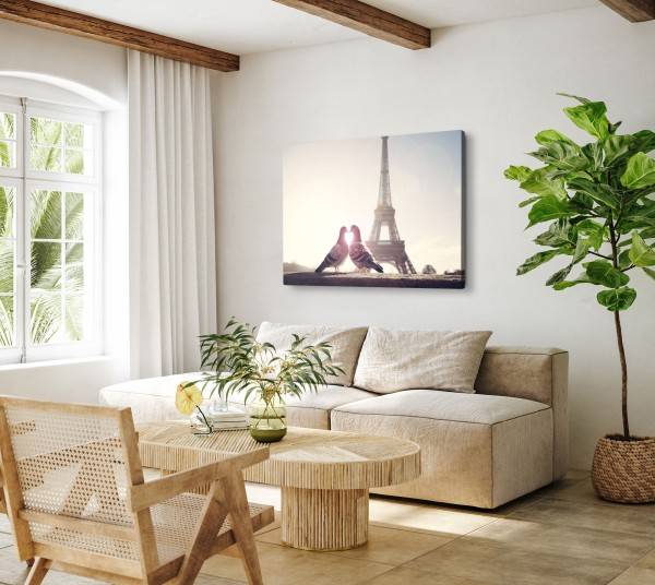 Paul Sinus Art 120x80cm Wandbild auf Leinwand Paris Eiffelturm Zwei Tauben Pärchen Herz Weihnachtsangebot