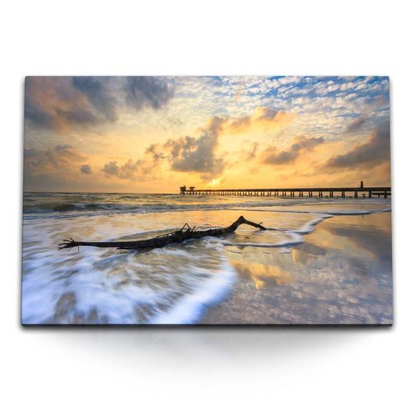 Paul Sinus Art 120x80cm Wandbild auf Leinwand Treibholz Strand Horizont Sonnenuntergang Abendrot