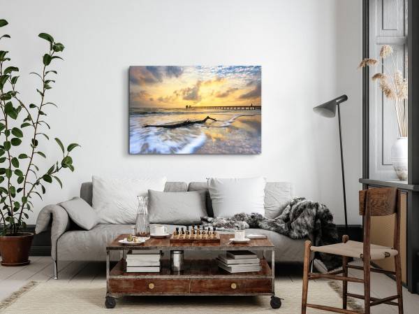 Paul Sinus Art 120x80cm Wandbild auf Leinwand Treibholz Strand Horizont Sonnenuntergang Abendrot Muttertagsangebot
