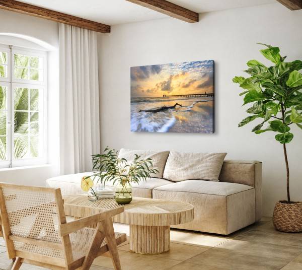 Paul Sinus Art 120x80cm Wandbild auf Leinwand Treibholz Strand Horizont Sonnenuntergang Abendrot Muttertagsangebot