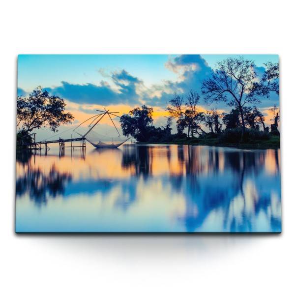 Paul Sinus Art 120x80cm Wandbild auf Leinwand Thailand Meer Blau Abendrot Fischernetz Sonnenuntergang