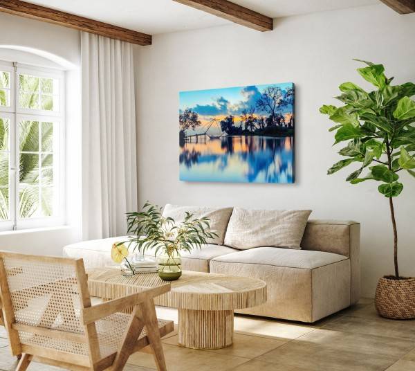 Paul Sinus Art 120x80cm Wandbild auf Leinwand Thailand Meer Blau Abendrot Fischernetz Sonnenuntergang Vatertagsangebot