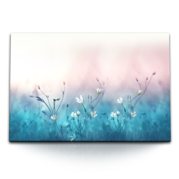 Paul Sinus Art 120x80cm Wandbild auf Leinwand Weiße Blumen Blumenwiese Blau Kunstvoll