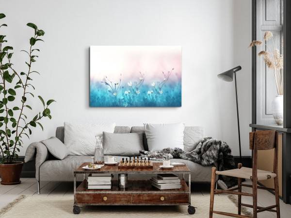 Paul Sinus Art 120x80cm Wandbild auf Leinwand Weiße Blumen Blumenwiese Blau Kunstvoll Jubiläumsangebot