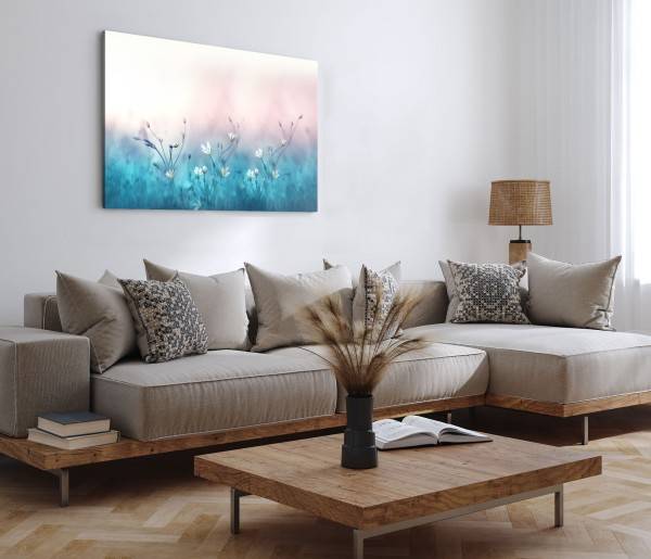 Paul Sinus Art 120x80cm Wandbild auf Leinwand Weiße Blumen Blumenwiese Blau Kunstvoll Jubiläumsangebot