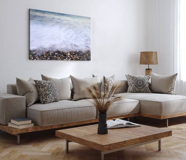 Paul Sinus Art 120x80cm Wandbild auf Leinwand Strand runde Steine Wellen Meer Ozean Top Angebot