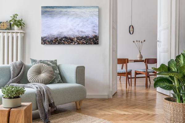 Paul Sinus Art 120x80cm Wandbild auf Leinwand Strand runde Steine Wellen Meer Ozean Top Angebot