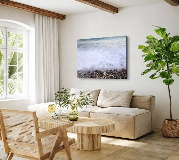 Paul Sinus Art 120x80cm Wandbild auf Leinwand Strand runde Steine Wellen Meer Ozean Top Angebot