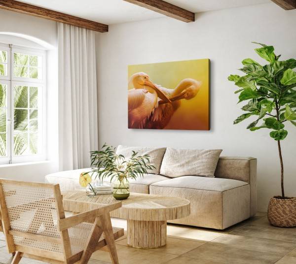 Paul Sinus Art 120x80cm Wandbild auf Leinwand Zwei Pelikane Tierfotografie Kunstvoll Orange Große Rabatte