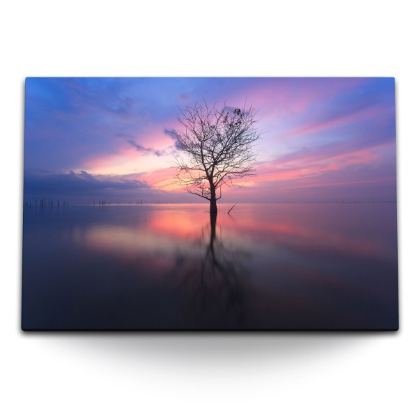 Paul Sinus Art 120x80cm Wandbild auf Leinwand Baum im See Horizont Abenddämmerung Sonnenuntergang