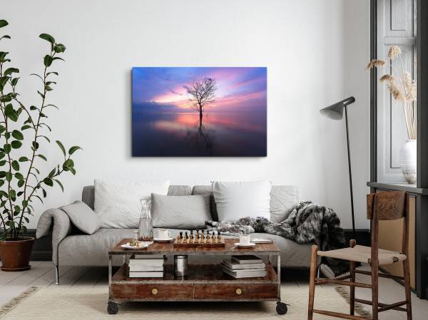 Paul Sinus Art 120x80cm Wandbild auf Leinwand Baum im See Horizont Abenddämmerung Sonnenuntergang Räumungsverkauf