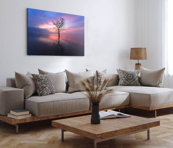 Paul Sinus Art 120x80cm Wandbild auf Leinwand Baum im See Horizont Abenddämmerung Sonnenuntergang Räumungsverkauf