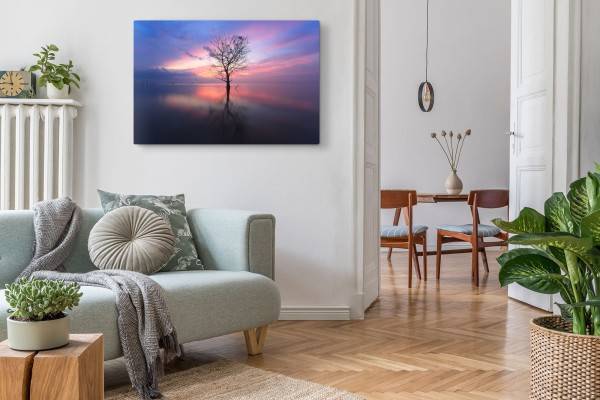 Paul Sinus Art 120x80cm Wandbild auf Leinwand Baum im See Horizont Abenddämmerung Sonnenuntergang Räumungsverkauf