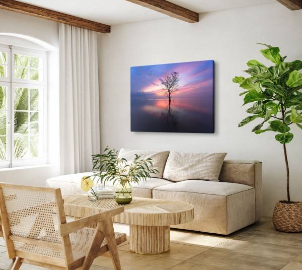 Paul Sinus Art 120x80cm Wandbild auf Leinwand Baum im See Horizont Abenddämmerung Sonnenuntergang Räumungsverkauf