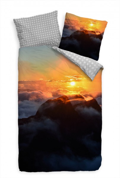 Paul Sinus Art Sonnenuntergang Wolken Nebel Gelb Blau Bettwäsche Set 135x200 cm + 80x80cm Atmungsaktiv
