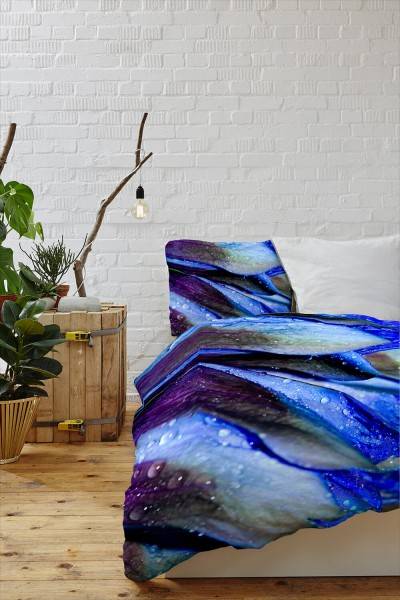 Paul Sinus Art Makro Blte Tropfen Blau Lila Bettwäsche Set 135x200 cm + 80x80cm Atmungsaktiv Black Friday Preise