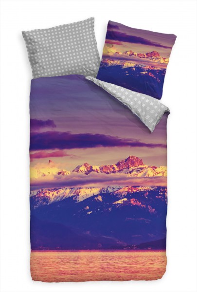 Paul Sinus Art Alpen Sonnenuntergang Pink Blau See Bettwäsche Set 135x200 cm + 80x80cm Atmungsaktiv